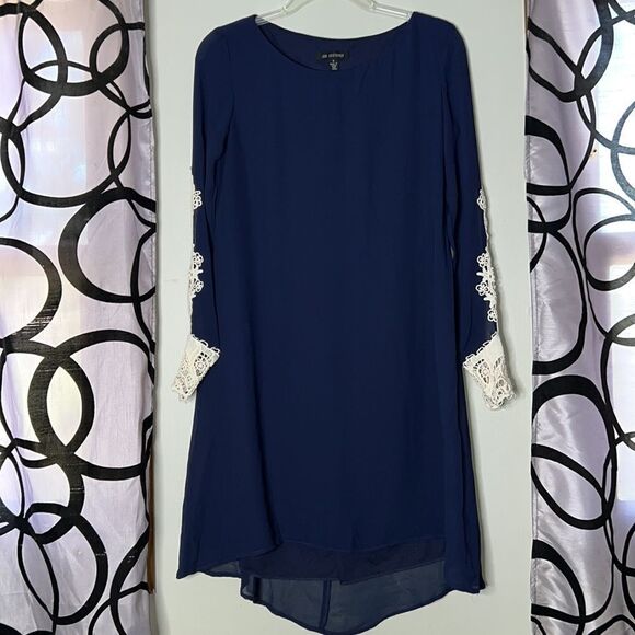 Jodi Kristopher dark blue shift dress with semi sheer lace sleeves size small - Picture 3 of 14